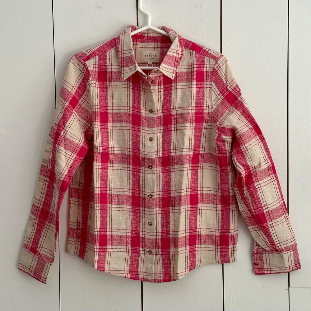 Sezane Tomboy Button-Up Shirt Plaid Pink White Maxi Check Sz 6 NWT Linen Blend - Picture 3 of 11